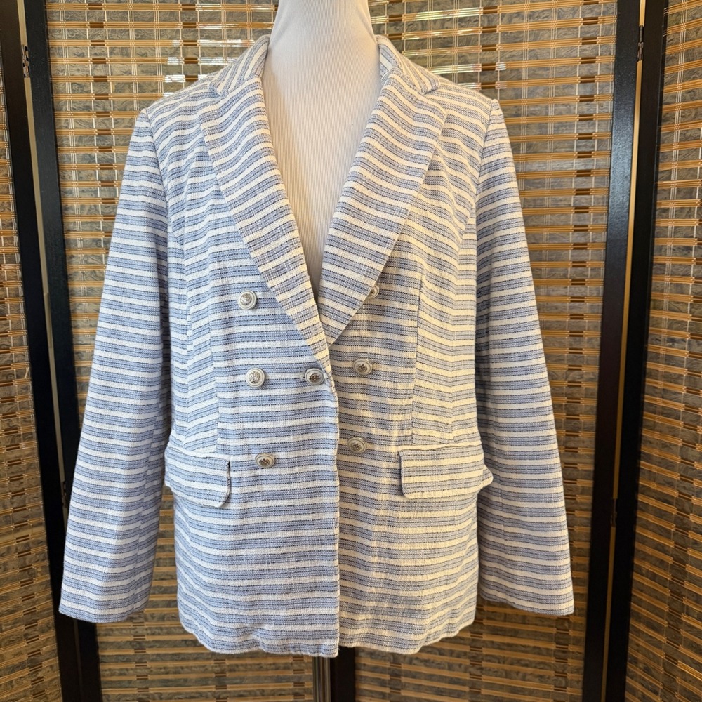 J. Jill Blazer Women Large Blue White Striped Double Breasted Crest Button L